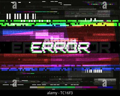 Glitch Fehler Vorlage. Video problem Konzept. Farbe Pixel und Linien. Glitched Elemente und Lärm auf dunklem Hintergrund. Kein Signal. Spiel glitch Stock Vektor