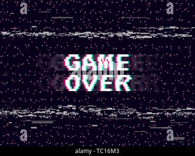 Spiel über glitch Hintergrund. Retro Game Kulisse. Glitched Linien Lärm. VHS-Effekt für Ihr Design. Pixel Inschrift. Moderne Vector Illustration Stock Vektor