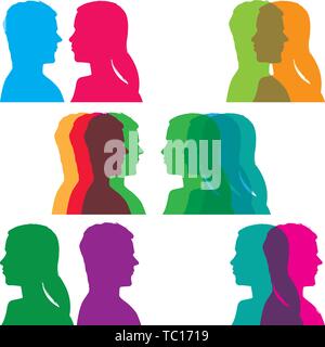 Vector Illustration. Mann und Frau Kopf in pop Farben und verschiedenen Positionen. Stock Vektor