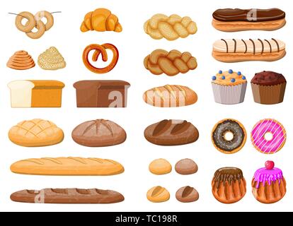 Brot Symbole gesetzt. Ganzes Korn, Weizen Roggen Brot, Toast, brezel Ciabatta, Croissants, Bagels, französisches Baguette Cinnamon Bun. Süße Desserts. Konditorei Bäckerei. Eclair donut Muffin. Vector Illustration flach Stock Vektor