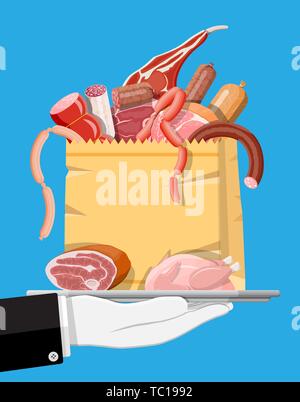 Sammlung von Fleisch in Fach Hacken, Würstchen, Speck, Schinken. Marmorierte Fleisch- und Rindfleisch. Metzgerei, Steakhouse, landwirtschaftliche Erzeugnisse aus ökologischem Landbau. Lebensmittel Lebensmittel. Schweinefleisch frisch Steak. Vector Illustration Flat Style Stock Vektor