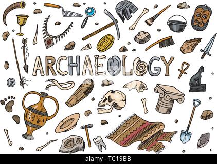 Einstellen der Archäologie Tools, Wissenschaft, Artefakte. Ausgegrabenen Fossilien und alten Knochen. Hand Doodle Skizze Stil gezeichnet. Stock Vektor