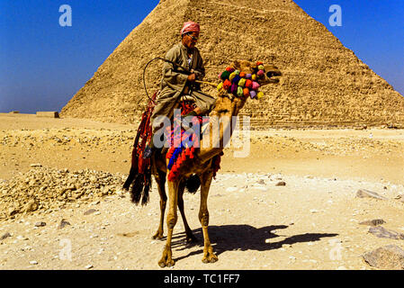 Foto: © Simon Grosset. Die Giza Pyramiden komplex, oder in der Nähe der Nekropole von Gizeh, Kairo, Ägypten. Ein Mann reitet auf einem Kamel vor der Großen Pyramide von Gizeh, auf Stockfoto
