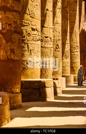 Foto: © Simon Grosset. Karnak Tempel, Luxor, Anzeigen von Spalten mit geschnitzten relief Designs. Archiv: Bild von einem ursprünglichen Transparenz digitalisiert. Stockfoto