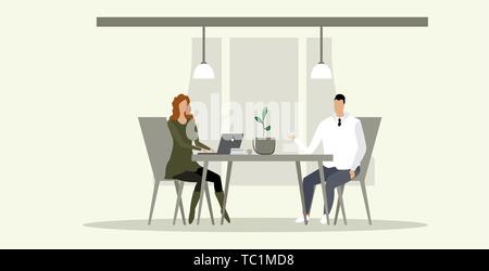 Geschäftsleute Mann Frau am Arbeitsplatz Schreibtisch Geschäftsleute Paar gemeinsam Brainstorming interview Konzept erfolgreiche Teamarbeit sitzen Stock Vektor