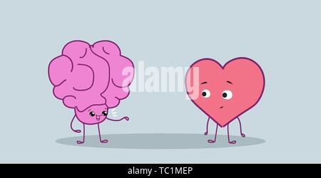 Cute menschlichen Gehirn und Herz Paar zusammen stehende Logik und Gefühl Konzept rosa Zeichentrickfiguren kawaii Stil horizontal Stock Vektor