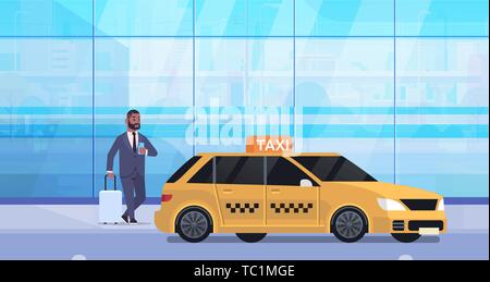 Geschäftsmann mit Mobile App bestellen Taxi auf der Strasse afrikanische amerikanische Geschäftsmann in formalen Verschleiß mit Gepäck in der Nähe von Yellow cab City Transport Stock Vektor