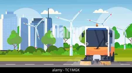 Street Machine Kehrmaschine Lkw Reinigung Industrie Fahrzeug urban Road Service Konzept wind tubines modernen Stadtbild horizontale flach Stock Vektor