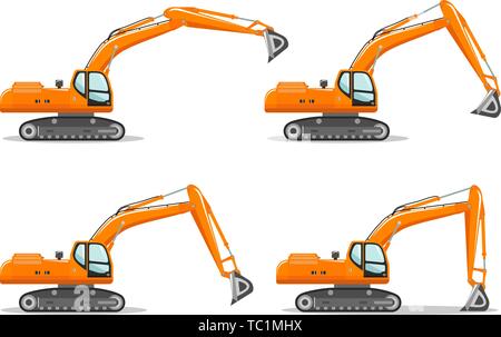 Bagger mit verschiedenen Boom Position. Detaillierte Darstellung von schweren Bergbau Maschinen und Baumaschinen. Vector Illustration. Stock Vektor