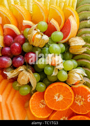 Hintergrund der geordneten frisch Tropen- und Zitrusfrüchten von oben geschnitten. Nahaufnahme. Stockfoto