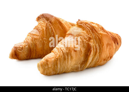 Zwei gebackenen Croissants isoliert auf weißem Normalpapier. Stockfoto