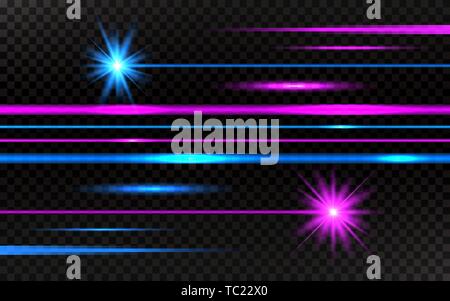 Laserstrahlen. Rosa und blauen horizontalen Lichtstrahlen. Abstrakte helle Linien auf transparentem Hintergrund. Pack von Balken auf dunklem Hintergrund. Vektor Stock Vektor