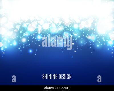 Weihnachtsbeleuchtung auf blauem Hintergrund. Schnee und Partikel mit Bokeh. Magic abstrakten Hintergrund. Leuchtendes Design für Poster, Banner. Vector Illustration Stock Vektor