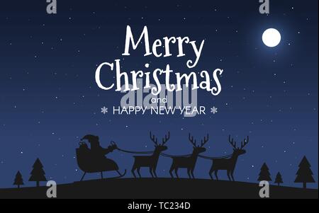 Weihnachtsmann im Schlitten mit Rentieren. Frohe Weihnachten Nacht Landschaft. Himmel und Mond. Frohes Neues Jahr Konzept für Karte, Druck, Einladungen, Flyer, Banner Stock Vektor