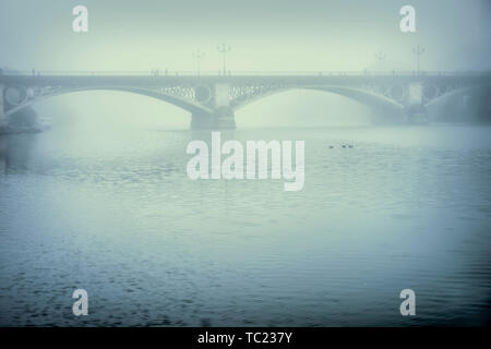 Triana Brücke auf einem nebligen Tag, Sevilla, Spanien. Stockfoto