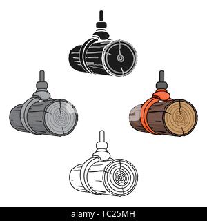 Hydraulischer kran Symbol im Cartoon Stil, schwarz auf weißem Hintergrund. Sägewerk und Holz symbol Vektor Illustration. Stock Vektor