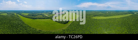 Antenne Kaukasus Wald Panoramablick Hintergrund, grüne Felder Stockfoto