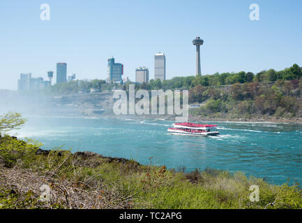 Niagara Falls River View von amerikanischer Seite Blick auf den Fluss mit Kanadischen hornblower Boot und kanadischen Gebäuden auf Hintergrund Stockfoto