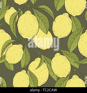 Zitronen Hand gezeichnet nahtlose Muster. Gelbe Zitrusfrüchte Tapete. Frische Zitrone Zweige und Blätter. Zitrusfrüchte line Art Textur. Verpackung Papier, Stoff background Stock Vektor