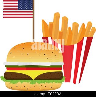 Burger und Pommes Frites mit der Flagge der Vereinigten Staaten von Amerika. Amerikanischen Fast-Food-Vektor Stock Vektor