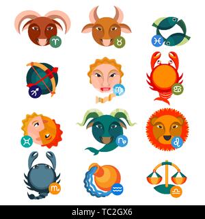 Set aus bunten Astrologie Zeichen. Wasserzeichen Krebs, Skorpion und Fische, Feuer Widder in der Nähe von Löwe und Schütze, Erdzeichen Stier, Jungfrau und Ca Stock Vektor