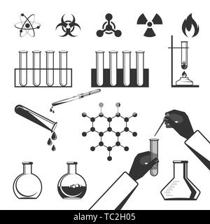Molekulare Elemente und spezielle Reagenzglas schwarze Symbole Sammlung von weiß in flachen Stil. Vektor Poster von Warnzeichen, atomare Strukturen, Hände tun Stock Vektor