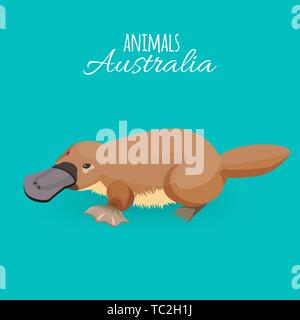 Australien Tier braun Crawling duckbilled Platypus auf azurblauem Hintergrund isoliert Stock Vektor