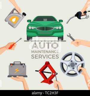 Auto Maintenance Services mit Green Car in Bild Mitte gesetzt Stock Vektor