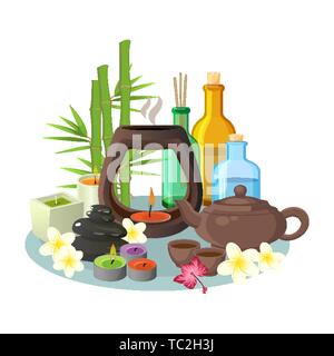Aromatherapie Sammlung von Kerzen und bunten Flaschen für Entspannung Stock Vektor