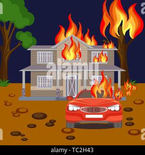 Feuer banner reaistic Vektor. Brennendes Haus, rot Automobil- und Baum Stock Vektor