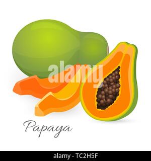 Papaya ganze und halbe. Papaya, oder Papaya ediable exotische Früchte. Stock Vektor