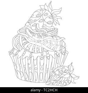 Vektor Stück Kuchen mit Erdbeeren. Hand gezeichnete Illustration für Malbuch für Erwachsene in der zentangle, doodle Stil. Malvorlagen. Stock Vektor