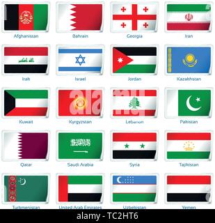 Aufkleber Fahnen westlichen Asien. Vector Illustration. 3 Schichten. Schatten, Flachbild Flagge sie diese separat verwenden können, Aufkleber. Sammlung von 220 Welt Flaggen. Präzise Farben. Einfache Änderungen. Stock Vektor