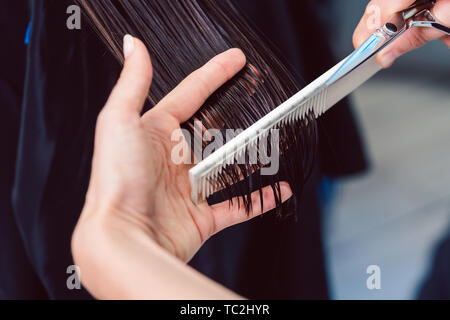 Friseur Schneiden und Stylen Ihrer Haare der Frau in Ihrem Shop Stockfoto