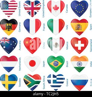Herz flags Beliebt. Vector Illustration. 3 Schichten. Schatten, Flachbild Flagge sie diese separat verwenden können, drücken. Sammlung von 220 Welt Flaggen. Präzise Farben. Einfache Änderungen. Stock Vektor