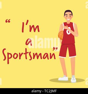 Sportsman Charakter mit Basketball auf gelbem Hintergrund Stock Vektor