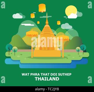 Wat Phra That Doi Suthep Tempel in Thailand amazing Illustration Design. Vektor Stock Vektor