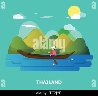 Eine Frau, die mit dem Boot auf dem Fluss illustration Design in Thailand. Vektor Stock Vektor