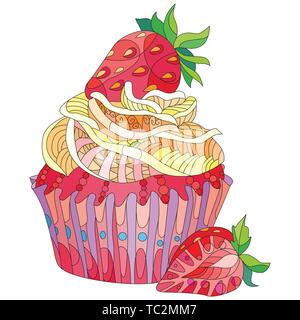 Vektor Stück Kuchen mit Erdbeeren. Hand gezeichnete Illustration für t-shirt in zentangle, doodle Stil. Stock Vektor