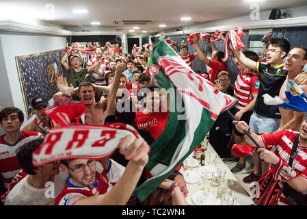 Granada, Spanien. 04 Juni, 2019. Granada CF Verfechter sind sehen Sie während des Spiels zwischen Granada CF und Mallorca. Anhänger der Granada Fußball Team feiern den Aufstieg in die erste Liga Santander (Spanische Fußball-Liga) ihrer Mannschaft nach dem zweiten Platz in der Spanischen Zweiten Liga Gutschrift erhalten: SOPA Images Limited/Alamy leben Nachrichten Stockfoto