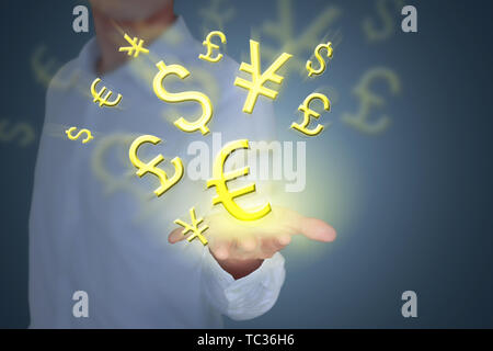 Close-up Geschäftsmann mit Geld Symbol in der Luft schweben Stockfoto