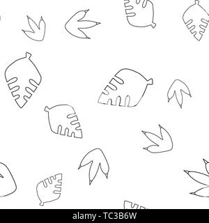 Nahtlose Muster der Kontur des Blattes alten Baum und Dinosaur Footprint. Auf weissem Hintergrund. Vector Illustration. Stock Vektor