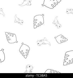Nahtlose Muster der Kontur von dinosaurus Tyrannosaurus und Blatt Palme. Auf weissem Hintergrund. Vector Illustration. Stock Vektor