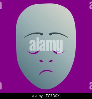 Theater Maske mit trostlosen Emotion. Vector Illustration. Silber Maske mit Farbverlauf auf lila Hintergrund. Stock Vektor