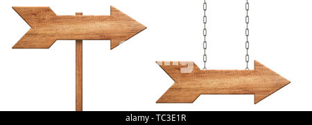 Holz- Pfeil Wegweiser aus Naturholz hängen an Ketten und mit der Pole Stockfoto