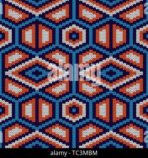 Abstract knitting Zierpflanzen nahtlose Vektor Muster als Gewirke Textur in blau, orange und weiß Farben Stock Vektor