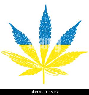 Das Konzept der Legalisierung von Marihuana in der Ukraine. Cannabis leaf von Marihuana in Form der Ukrainische Flagge. Stock Vektor