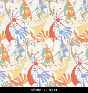 Hand Kokopelli nahtlose Muster gezeichnet. Stilisierte mythische Zeichen Flöten zu spielen. Vektorgrafiken für Drucke. Design, Karten, Kinder- und Malbücher, Stock Vektor