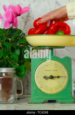 Vintage Küchenwaage Einrichtung mit Landhausstil Küchenutensilien, mit Stapel alter Bücher, Mason jars, vintage Dose Geschirr und Töpfen rosa Cyclamen. Stockfoto