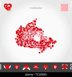 Ich liebe Kanada. Rot und rosa Herzen Muster vektorkarte von Kanada isoliert auf grauen Hintergrund. Liebe Symbol gesetzt. Stock Vektor
